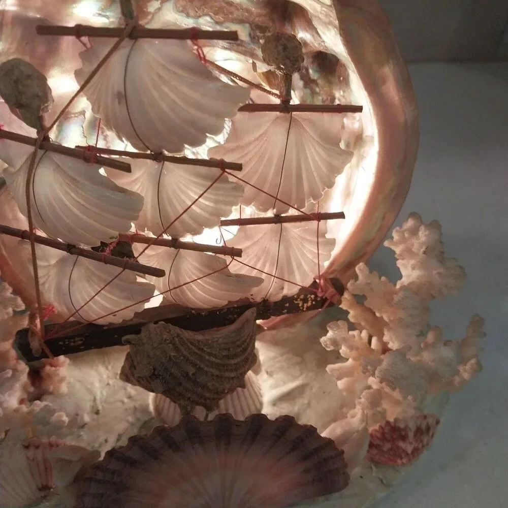Vintage Abalone Shell Sailboat Lamp Handmade Nautical Coastal Coral Light Decor